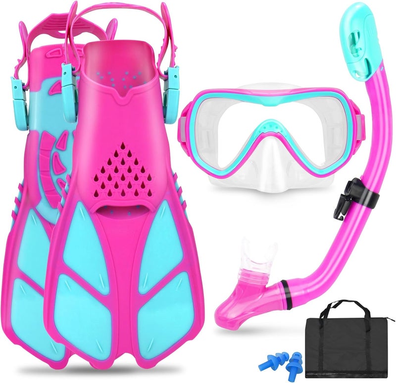 FosDero Kids Snorkel Set Mask Fins-Panoramic Snorkel Mask+Dry Top Snorkel+Adjustable Swim Fins+Mesh Bag+Earplugs for Boys Girls, Junior Snorkeling Gear for Kids Ages 5-14 - Image 1